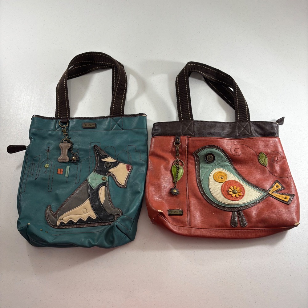 Lot of 2 Chala Handbags Vegan Leather Tote Bags Scottie Dog and Bird Applique